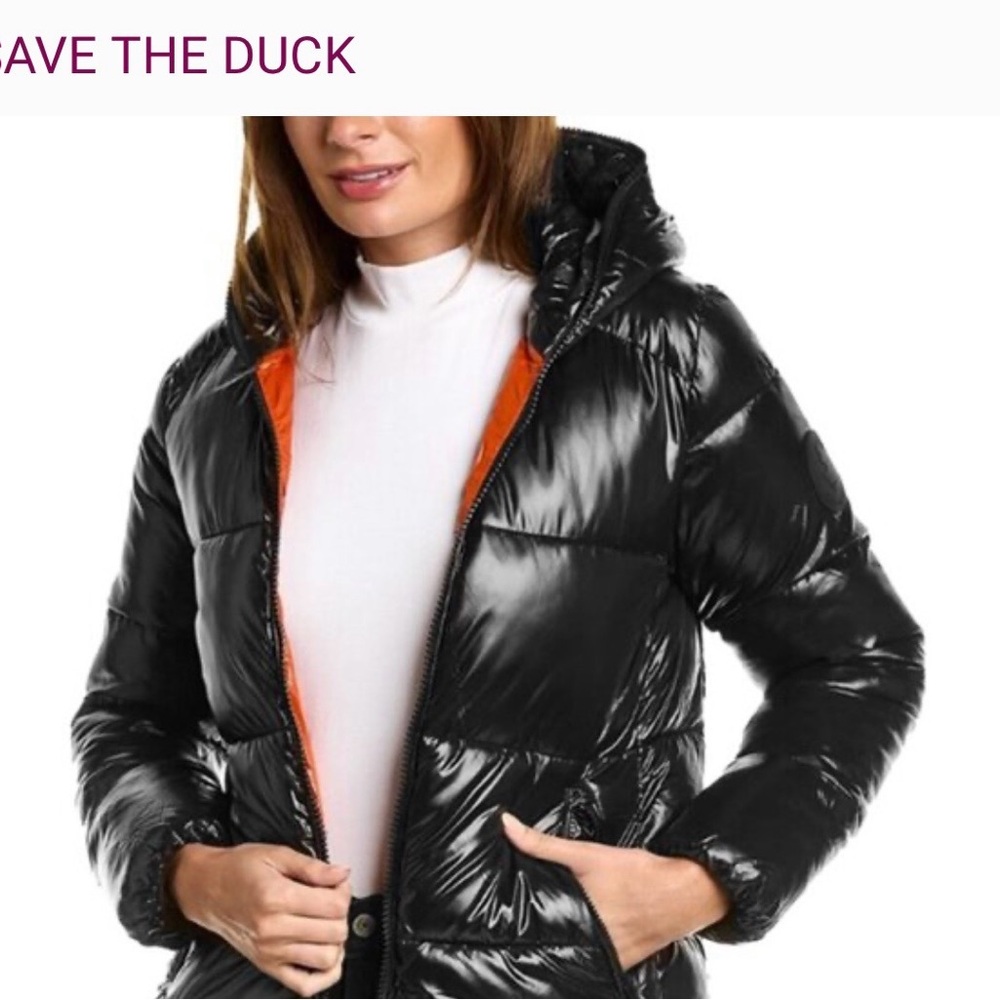 SAVE THE DUCK Women's Shiny Black Puffer Jacket with Orange Lining
Size small